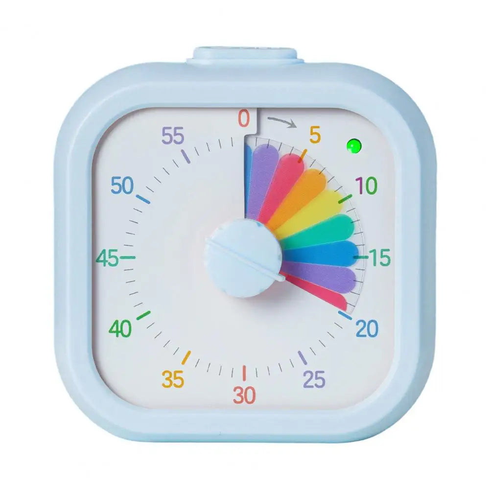 A light blue visual timer for kids with a colored dial showing time countdown and alerts.