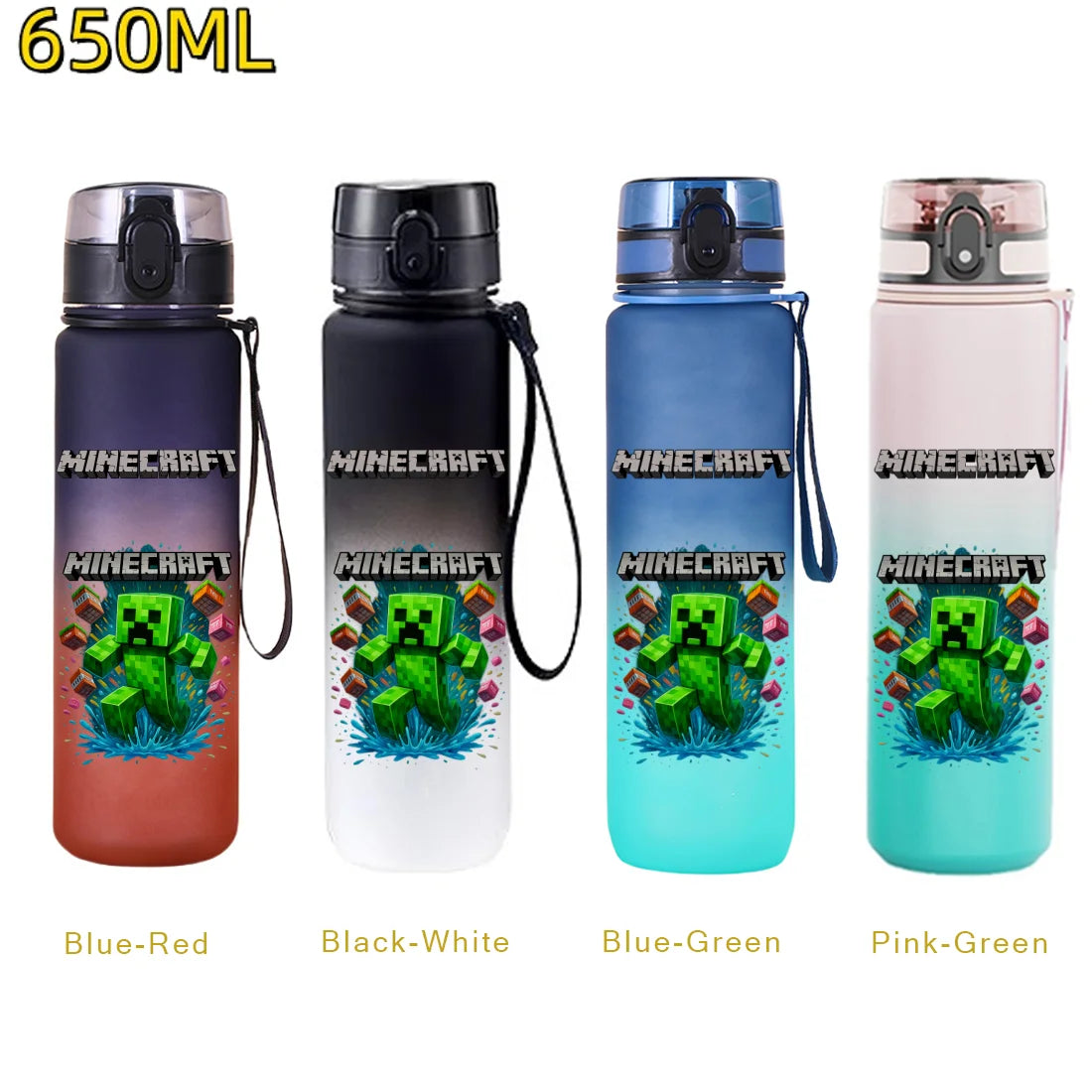 Five colored insulated sports water bottles featuring Minecraft themed designs in Blue-Red, Black-White, Blue-Green, and Pink