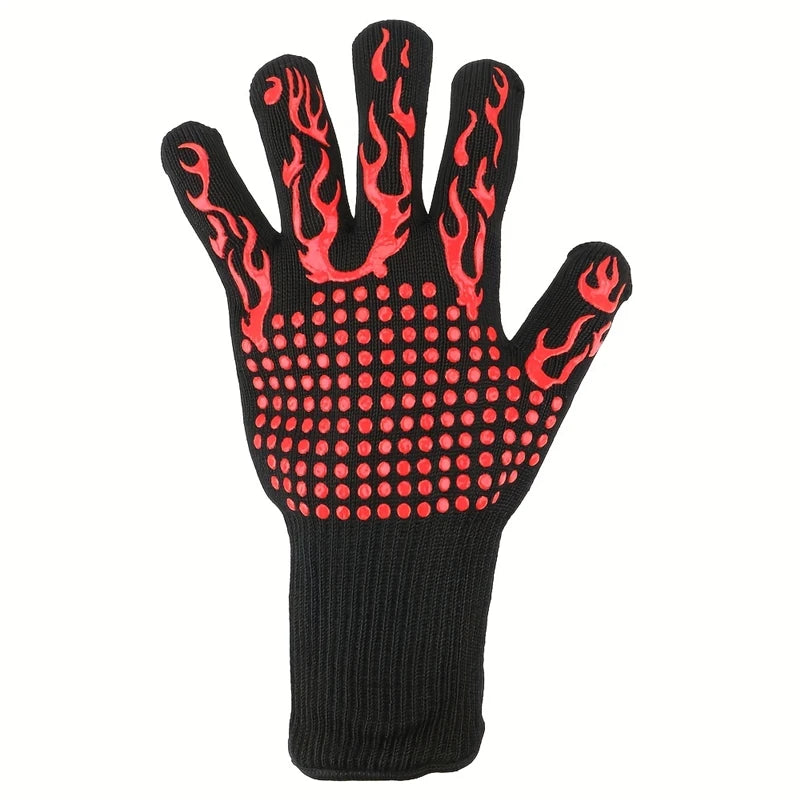 Black heavy-duty BBQ and oven mitts with red flame designs