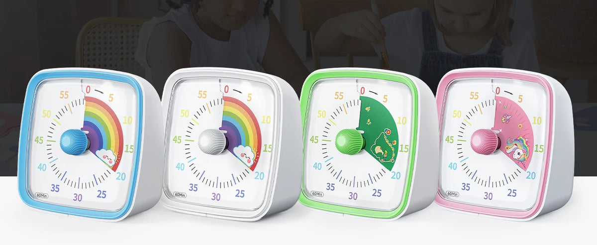 A row of four visual countdown timers in blue, white, green, and pink, showing different time remaining displays.