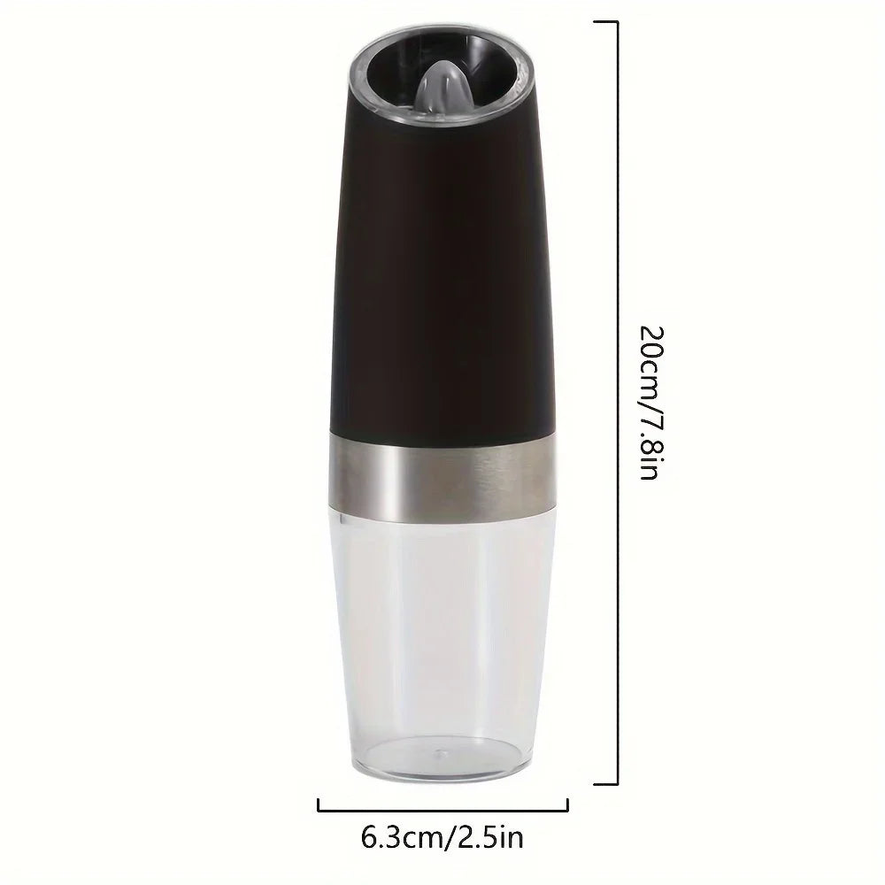 A black and clear electric automatic spice and salt grinder with a tapered design.