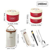 A set of four red and white stackable thermal lunch boxes, including a large 1400ml box and smaller containers.
