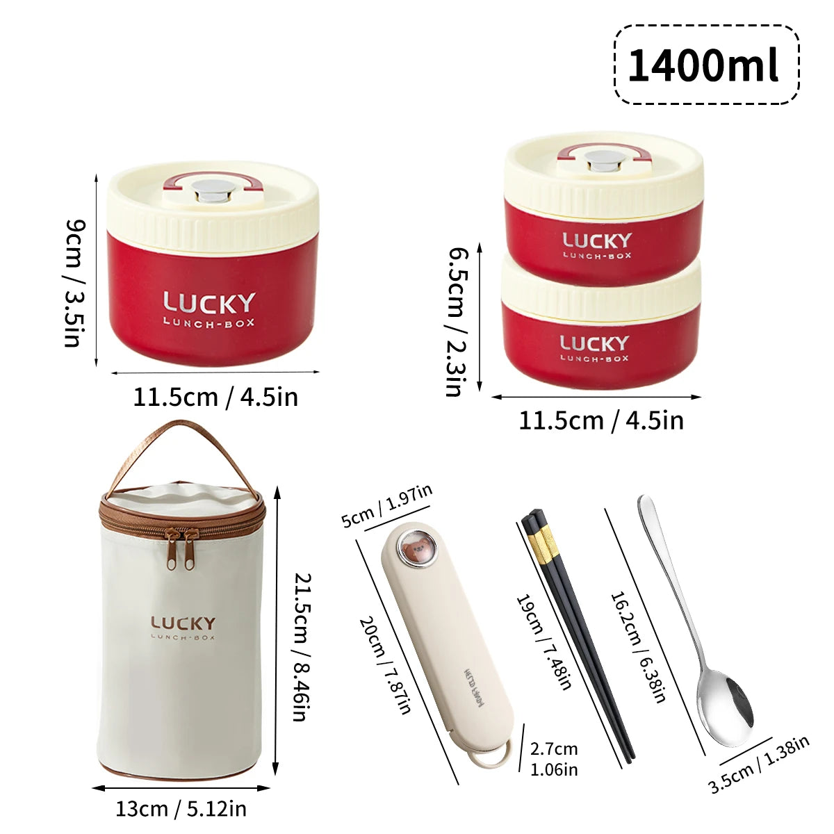 A set of four red and white stackable thermal lunch boxes, including a large 1400ml box and smaller containers.