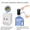 A white water dispenser with a pump mechanism is shown next to a blue water jug, demonstrating one-button operation.