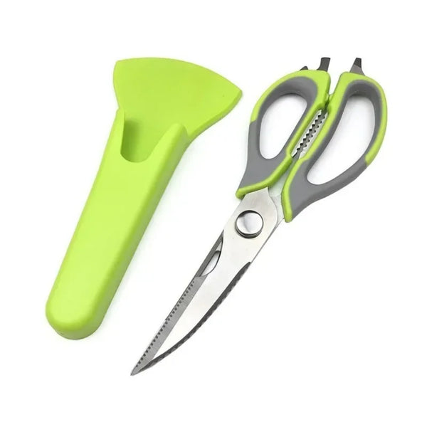 Helle limettengrüne Küchenpaar aus Edelstahl mit silbernen Klingen.