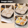 Three steps showing how to use a 4-hole non-stick egg frying pan with a wooden handle for cooking.