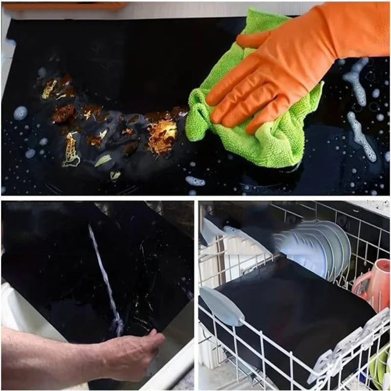 An orange-gloved hand is placing a green cloth onto a black non-stick oven or grill liner.