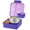 A purple insulated bento lunch box with a lid and an inner container holding food.