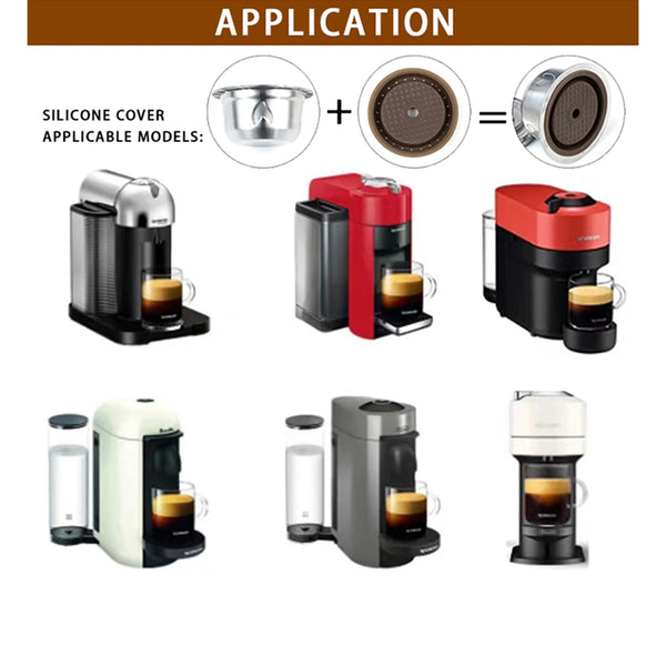 Diagramm, das die Anwendung einer Silikonabdeckung auf verschiedene Modelle wiederverwendbarer Edelstahl-Kaffeekapseln zeigt.