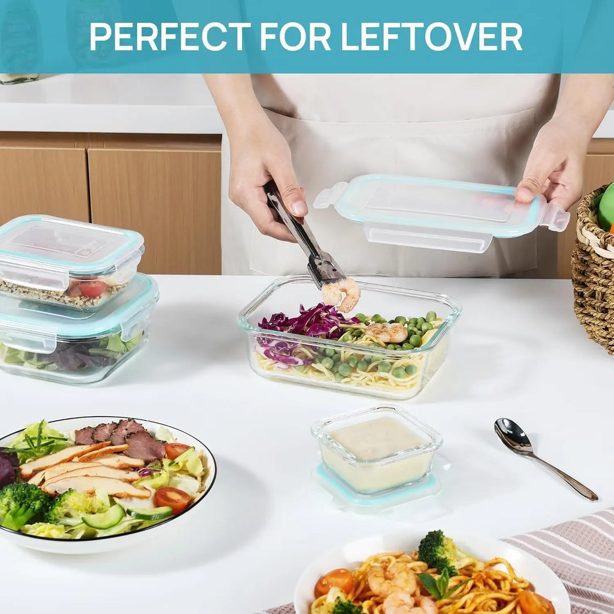Hands are preparing food in clear glass meal prep containers for leftovers.