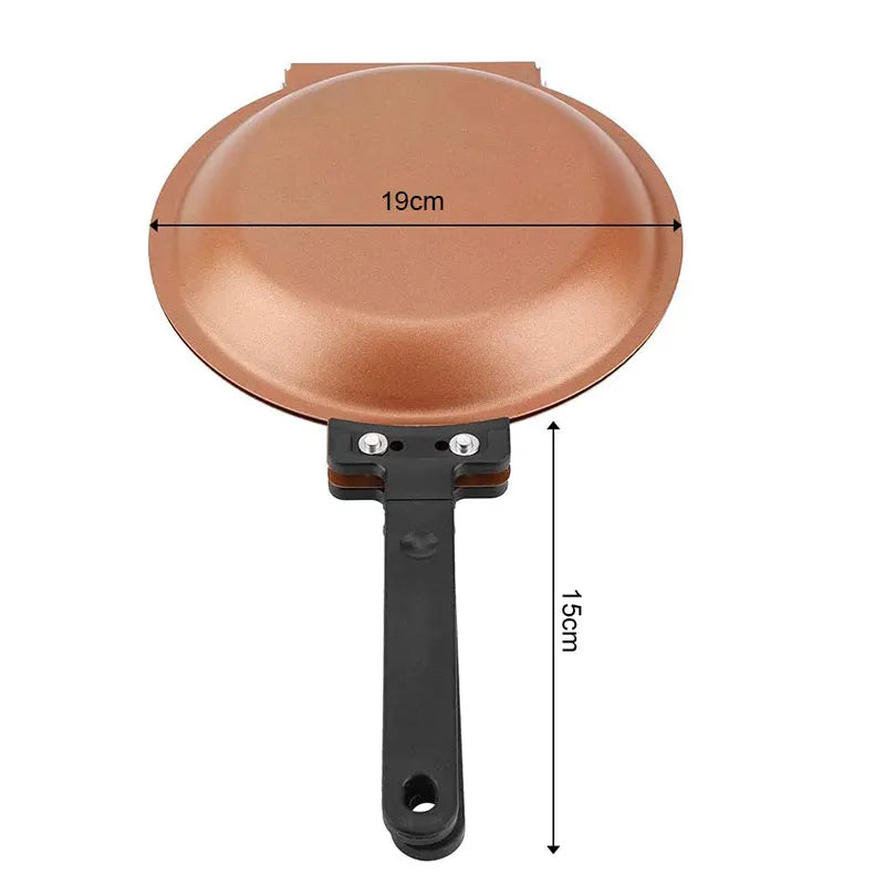 A round, copper-colored non-stick ceramic frying pan with a 19cm diameter and a black handle.