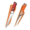 A professional stainless steel boning knife with a wooden handle and leather sheath.