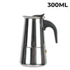 A stainless steel Italian aluminum moka pot coffee maker with a handle and a 300ml capacity.