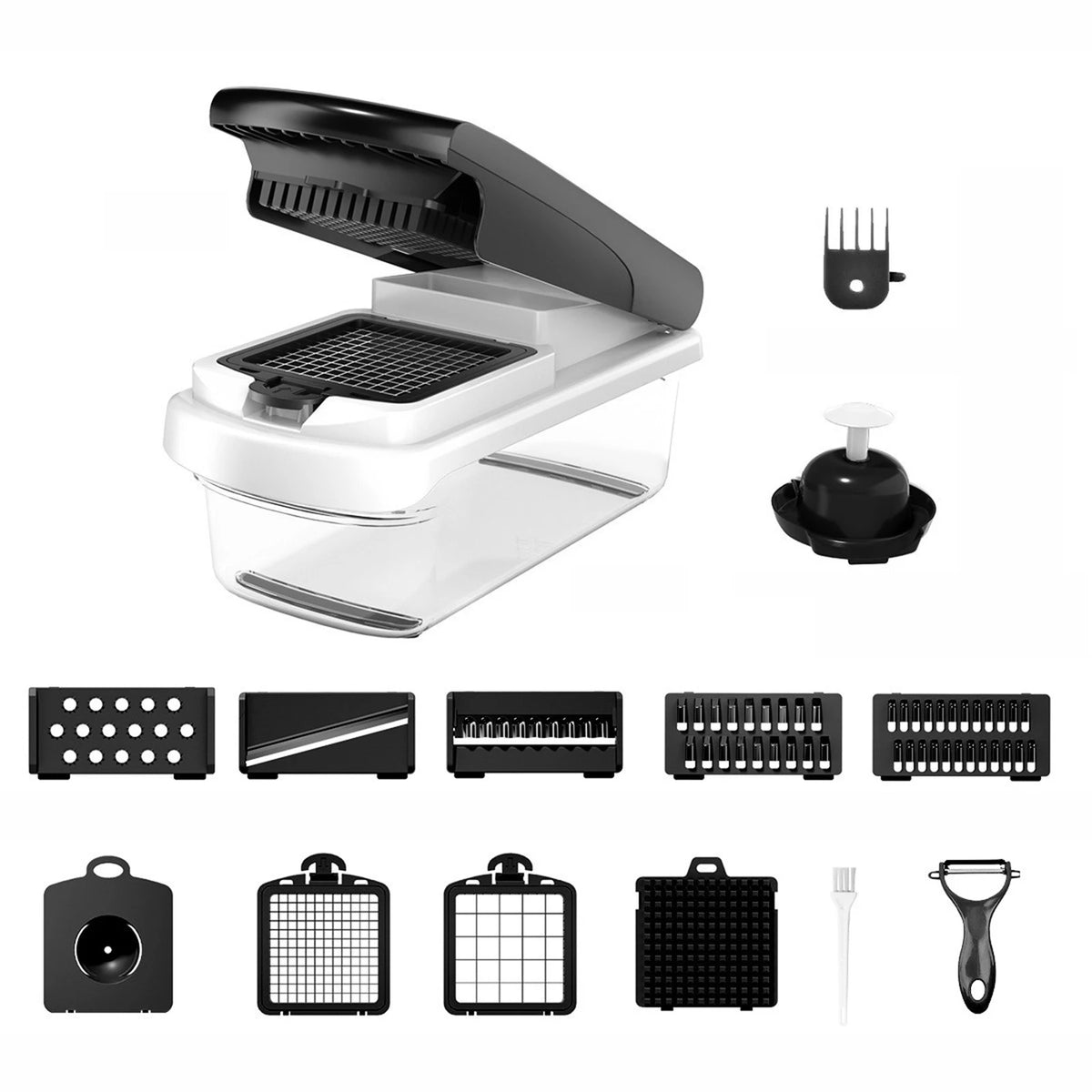 A collection of various kitchen gadgets including a black vegetable chopper and several silicone or metal tools.