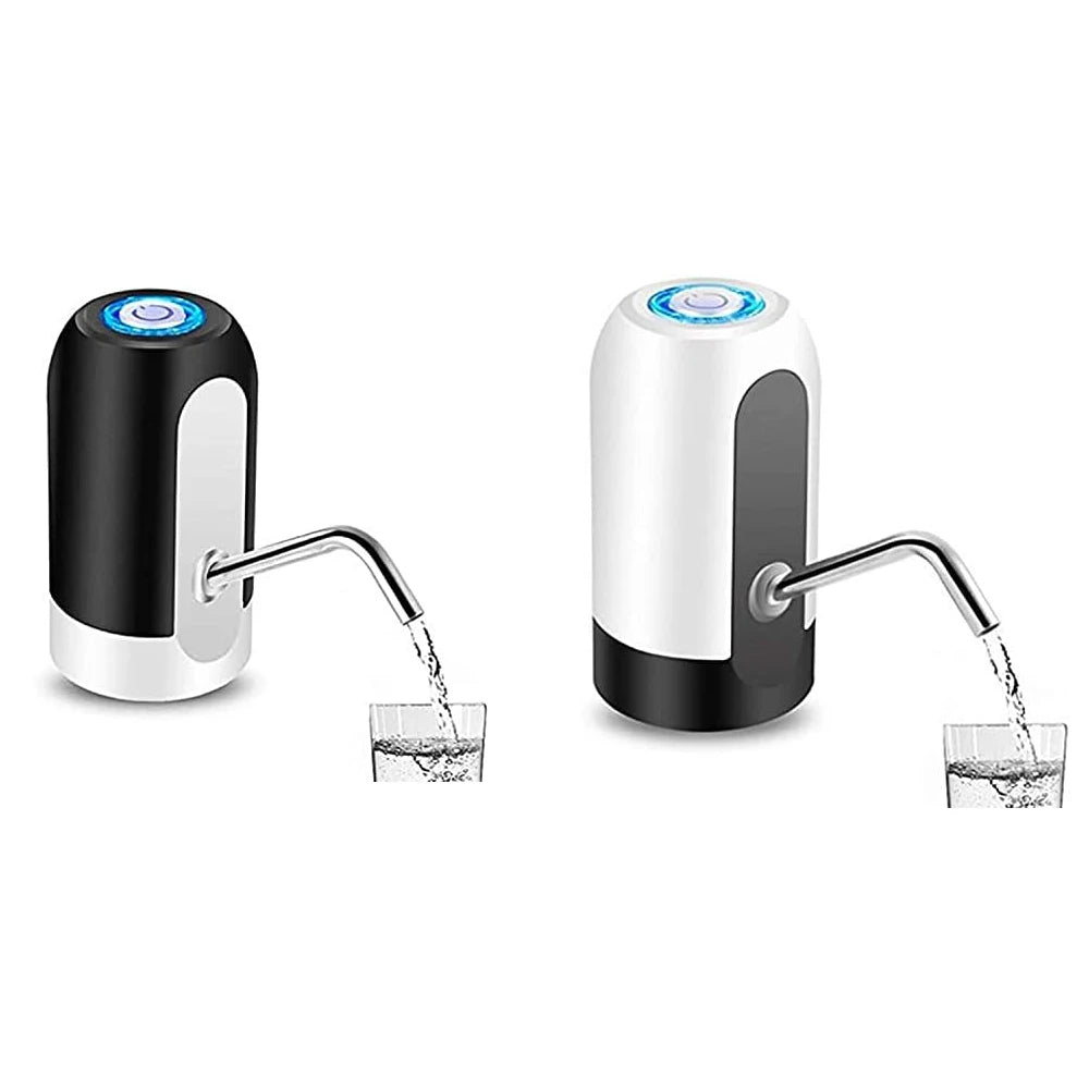 A white and black automatic electric water dispenser pump with a metal spout dispensing water into a glass.