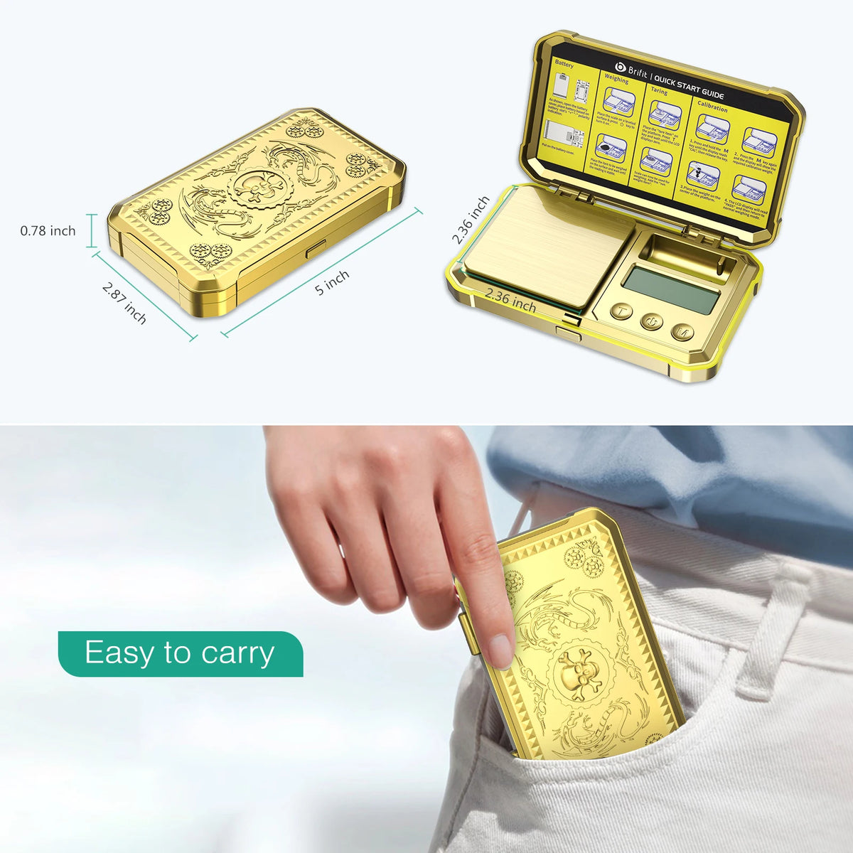 A gold-colored precision digital jewelry scale is shown with its dimensions and an example of how to use it.