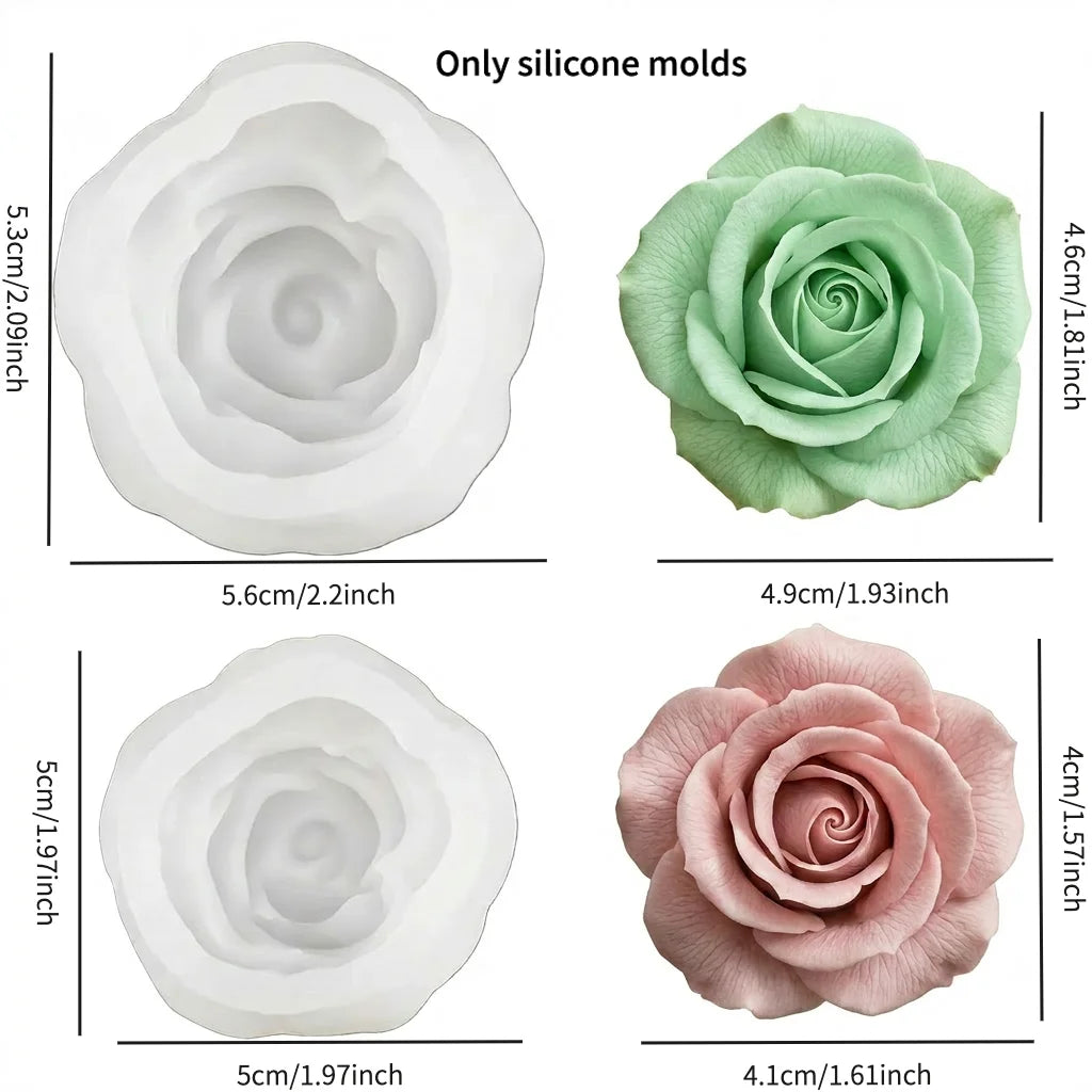 Un juego de moldes de silicona en forma de rosas en colores blanco, verde y rosa para manualidades.