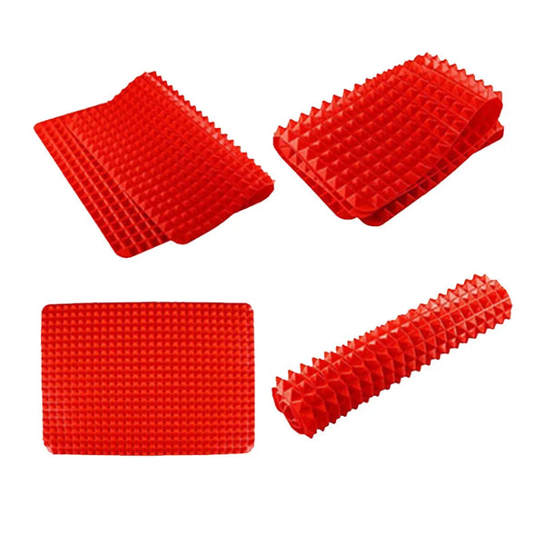 A set of red silicone BBQ pizza mats and baking liners, shown in various folded and unfolded shapes.