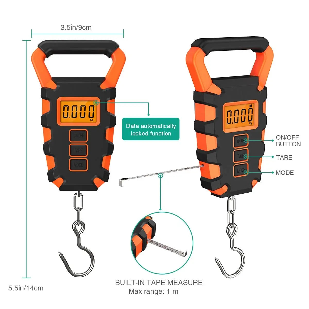 A black and orange digital hanging scale with a handle and hook, measuring up to 1 meter.