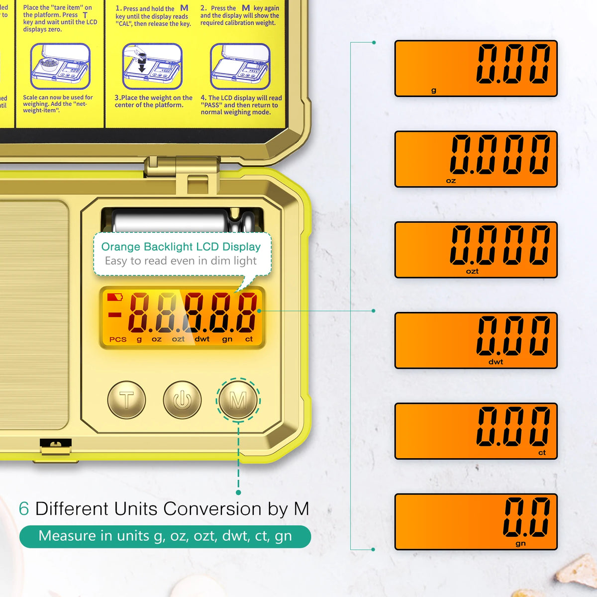 A precision digital jewelry scale showing various unit conversions like grams, ounces, and carats on an orange display.