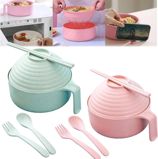 Pinkes und mintgrünes Mikrowellen-Ramen-Kochset mit Schüsseln und Utensilien