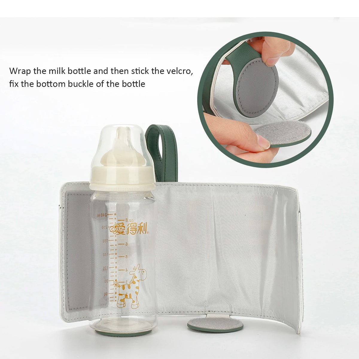 A clear baby bottle is shown with a silicone sleeve and velcro strap, demonstrating how to wrap the bottle for warming.