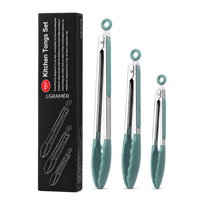 A set of three food-grade silicone kitchen tongs with stainless steel tips displayed in a black box.