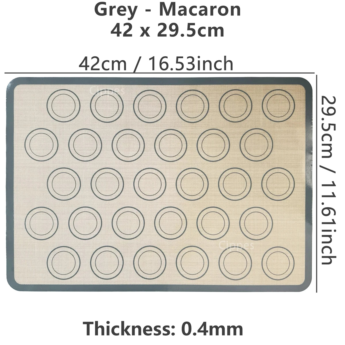 A grey silicone baking mat liner with 20 circular indentations, measuring 42cm by 29.5cm and 0.4mm thick.