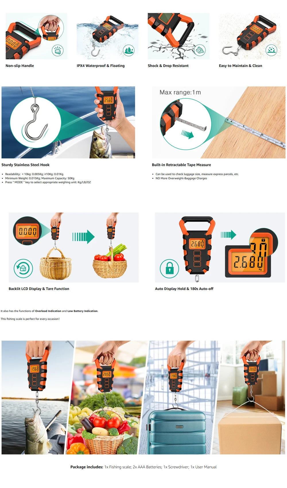 An orange digital hanging scale used for measuring weight, shown in various contexts.