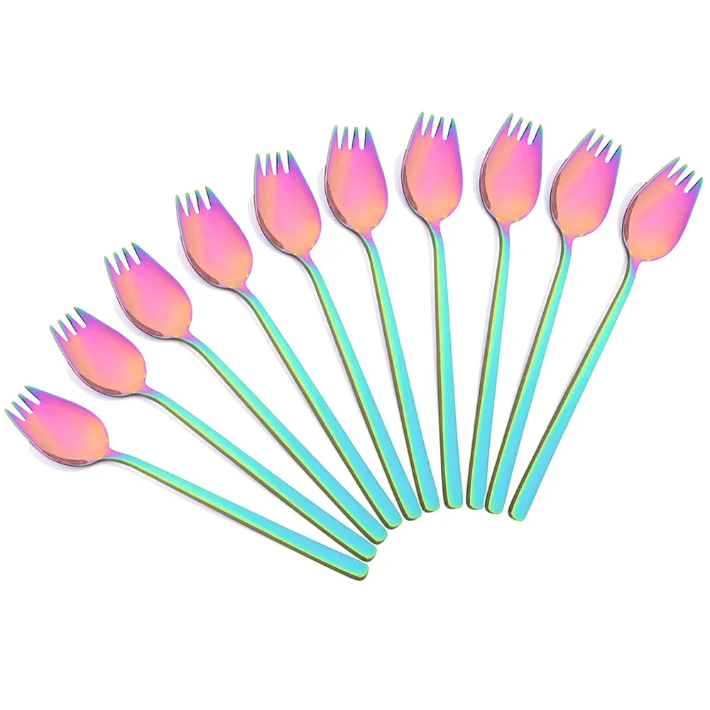 A set of six pink and green stainless steel forks and spoons for soup, salad, and dessert