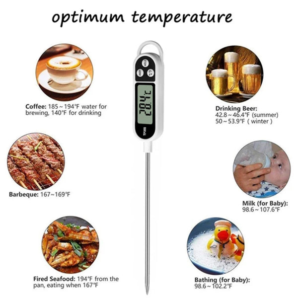 Digitales Fleisch- und Lebensmittelthermometer-Sonde mit langer Stange und Anzeige zur Temperaturmessung.