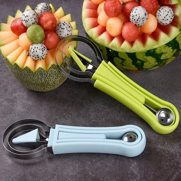 A set of four fruit carving tools, including a watermelon slicer and various carving implements, displayed on a dark surface.