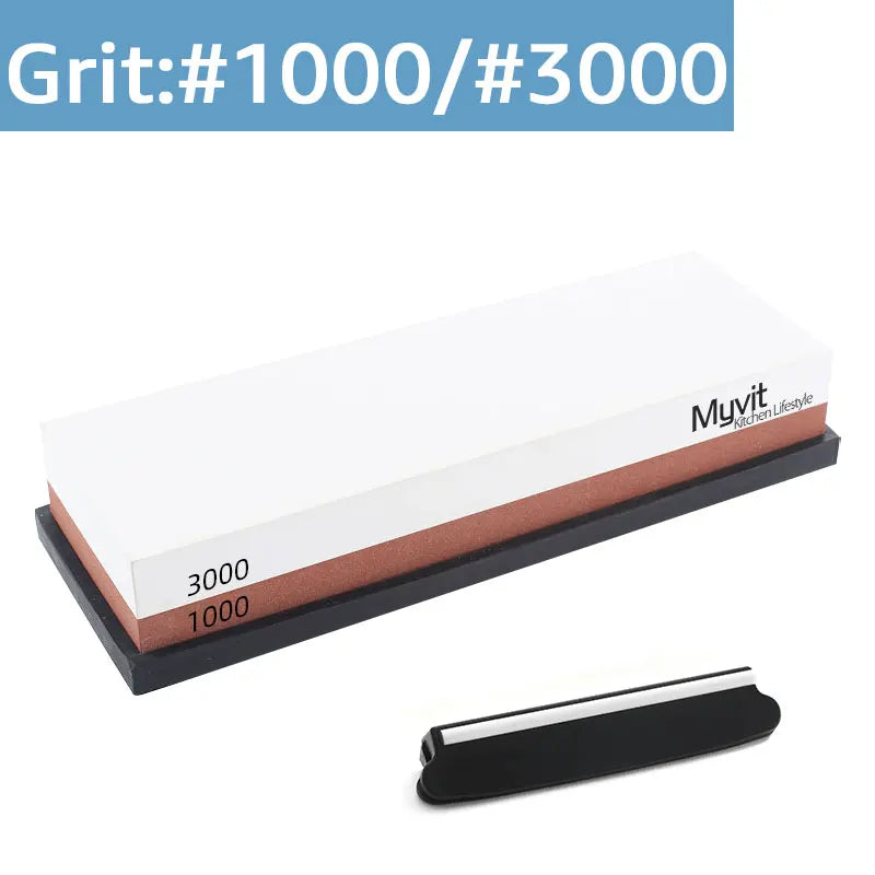 A set of two dual-sided knife sharpening stones, labeled Grit 1000 and 3000, shown with a black base.