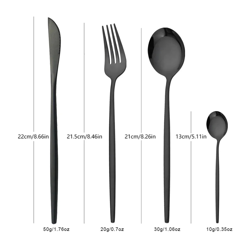 A set of black stainless steel cutlery including a knife, fork, spoon, and knife.