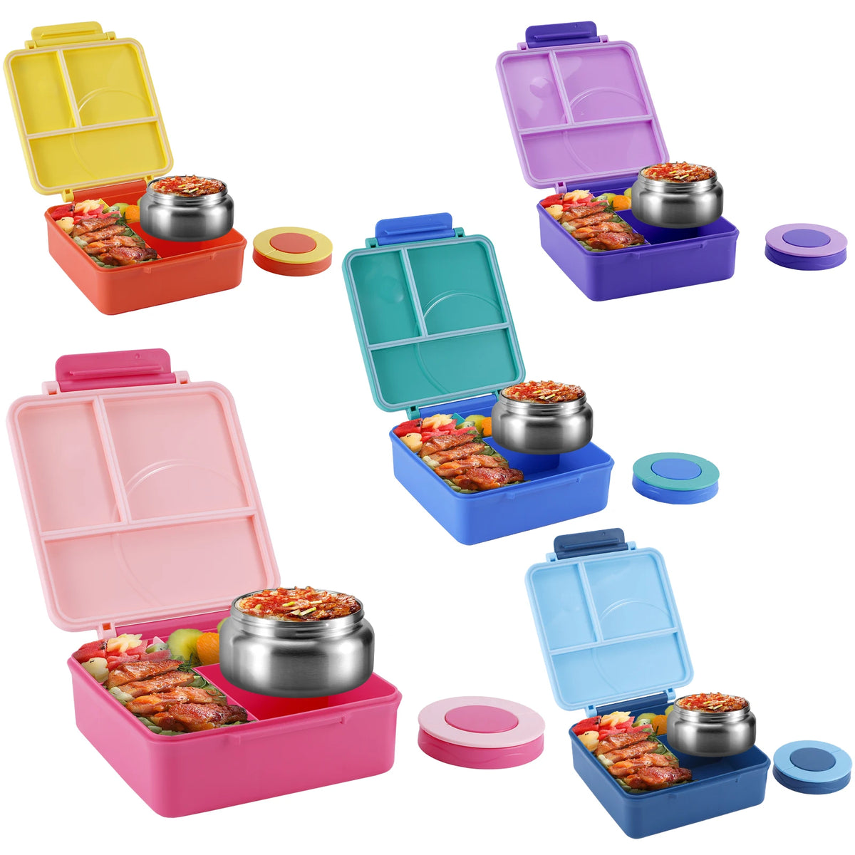A set of five insulated four-grid bento lunch boxes in various colors including yellow, pink, purple, teal, and blue.