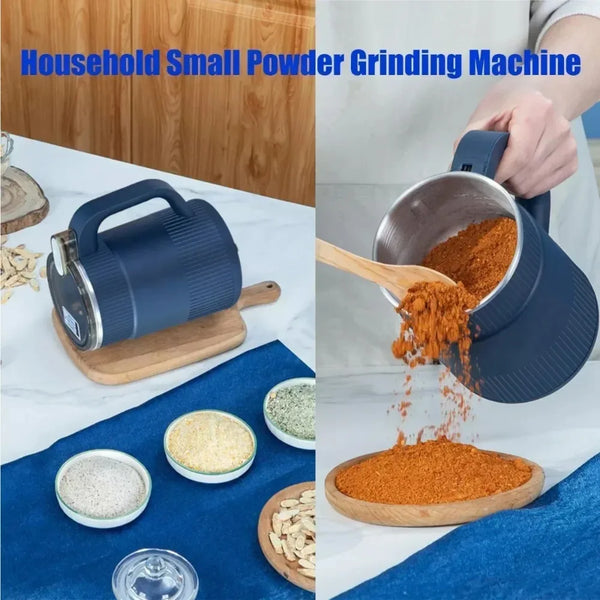 A hand is using a household small powder grinding machine to grind orange spice powder into a bowl.
