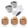 A set of reusable stainless steel coffee pods in various sizes and quantities for Nespresso machines.