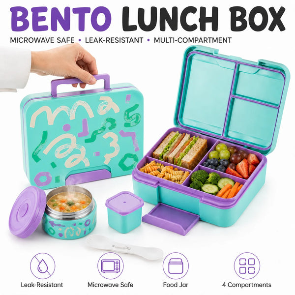 Ein türkisfarbener Bento-Lunchbox mit mehreren Fächern und ein lila Silikongefäß neben einer Hand.