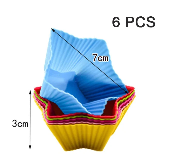 Six silicone muffin and cake baking molds in yellow and pink colors.