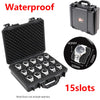 Black waterproof watch storage case with 15 slots and a carrying handle