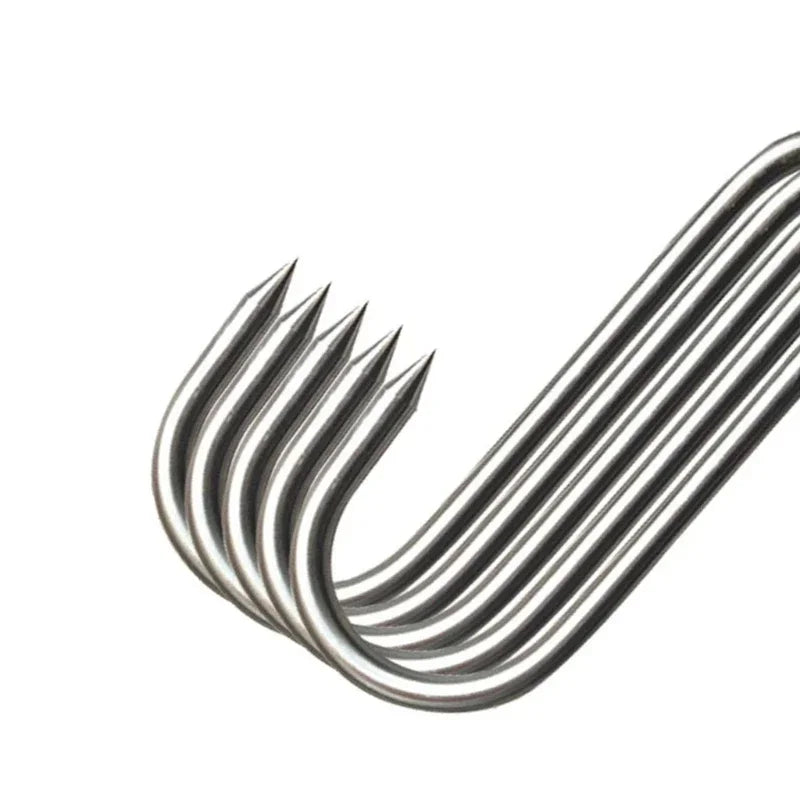 Stainless steel S-hook hanging utensil rack with multiple curved hooks.