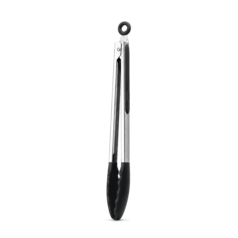 A set of three stainless steel BBQ grilling tongs with black silicone tips.