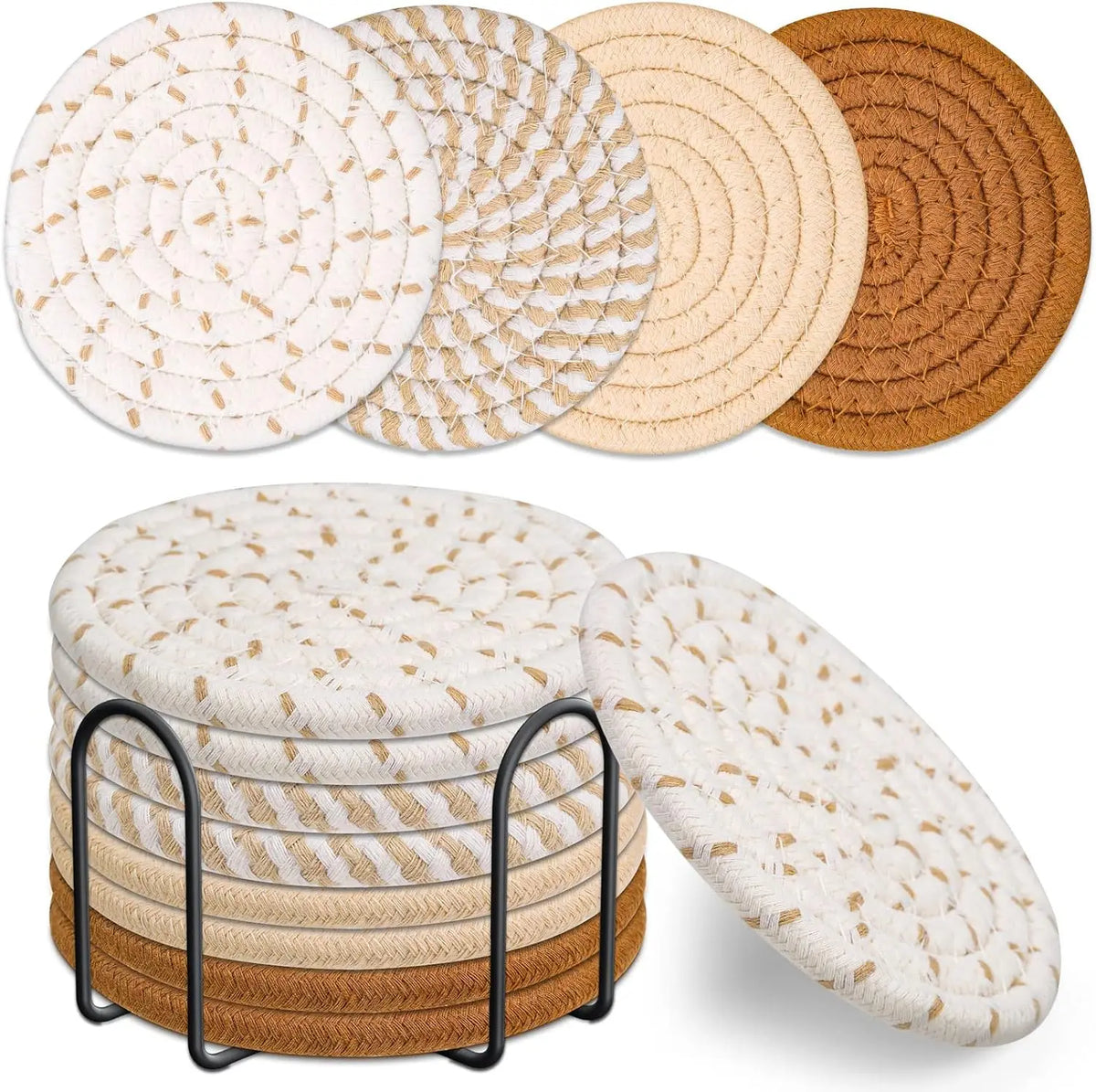 A set of eight absorbent cotton drink coasters in various natural tones stacked in a black metal holder.