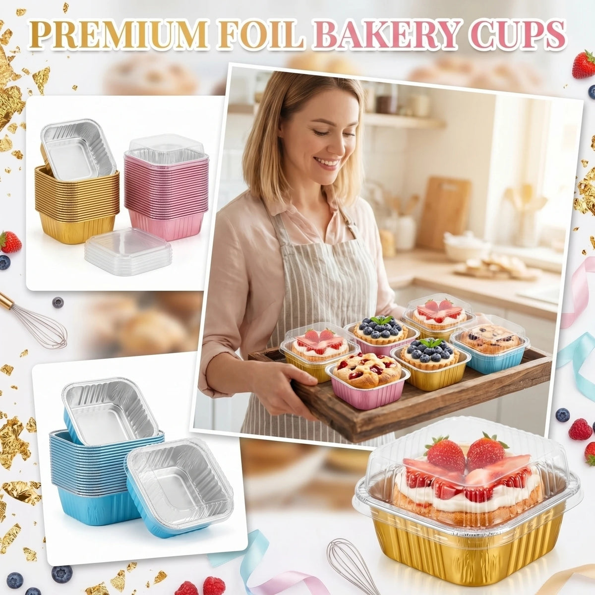 A collection of non-stick aluminum foil baking cups in various colors and sizes displayed on a wooden board.