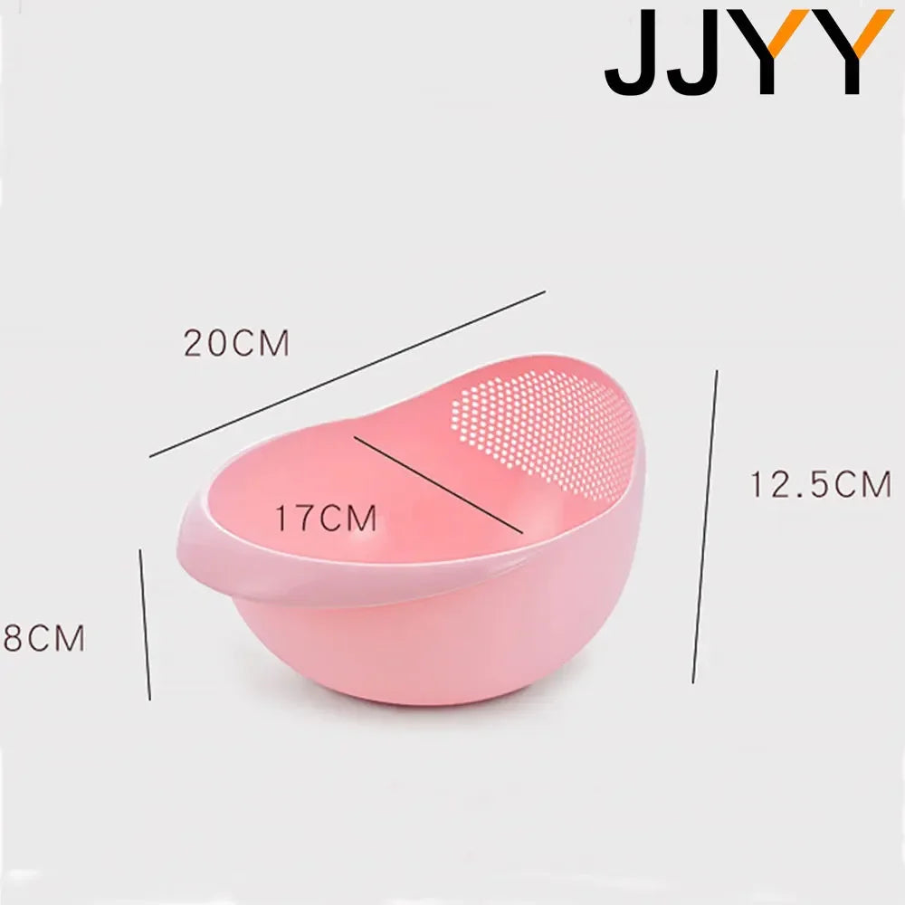 A pink multi-use kitchen drainer colander set shown with dimension lines.