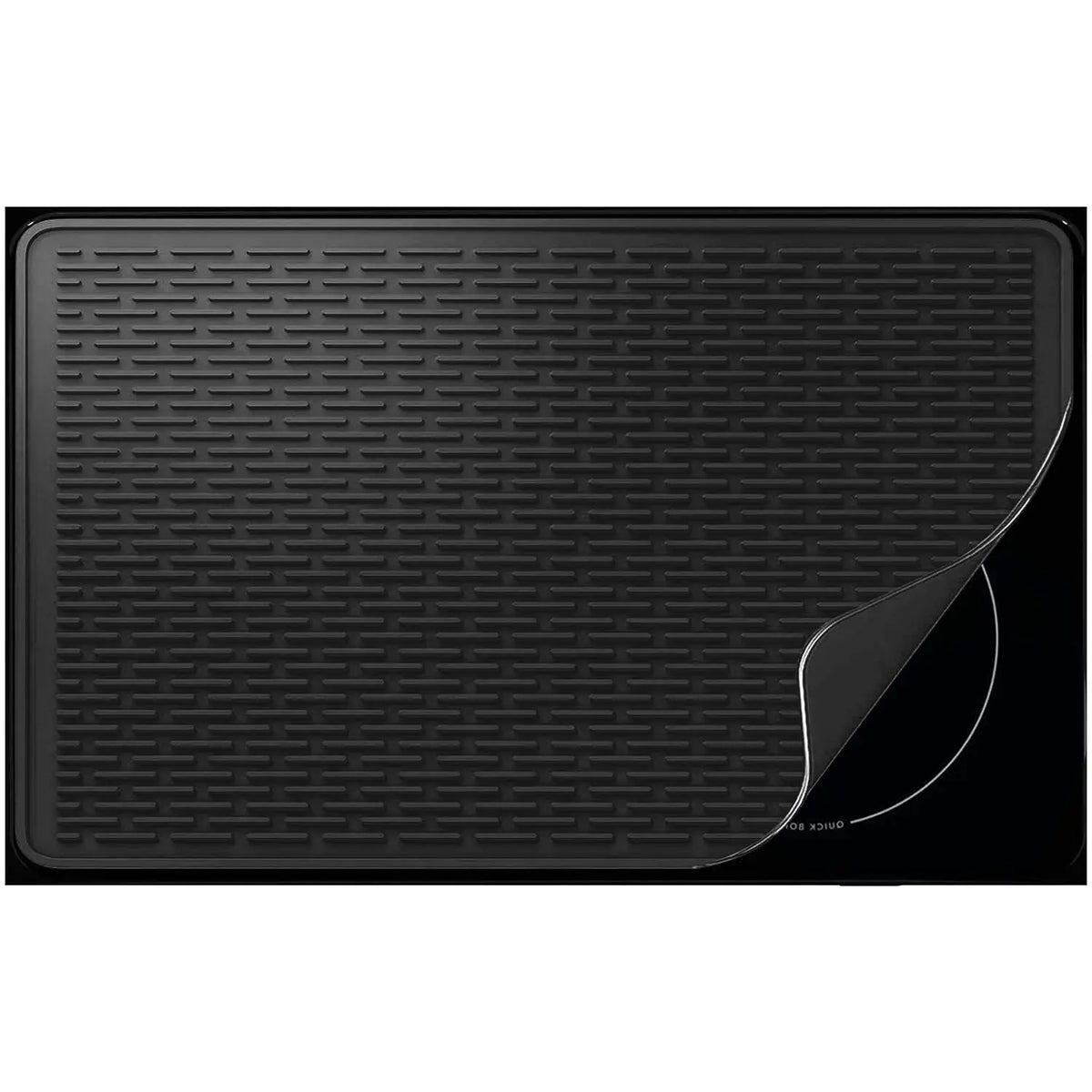 Black silicone stove and cooktop protector mat with a curved edge