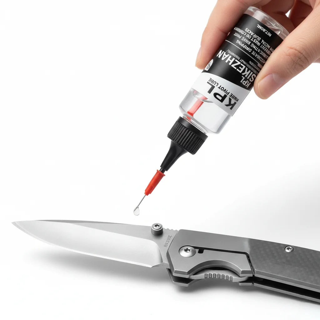A hand applies KPL precision knife pivot lubricant oil to a precision knife.