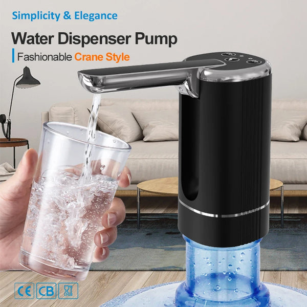 A hand is using a black water dispenser pump to dispense water into a glass.
