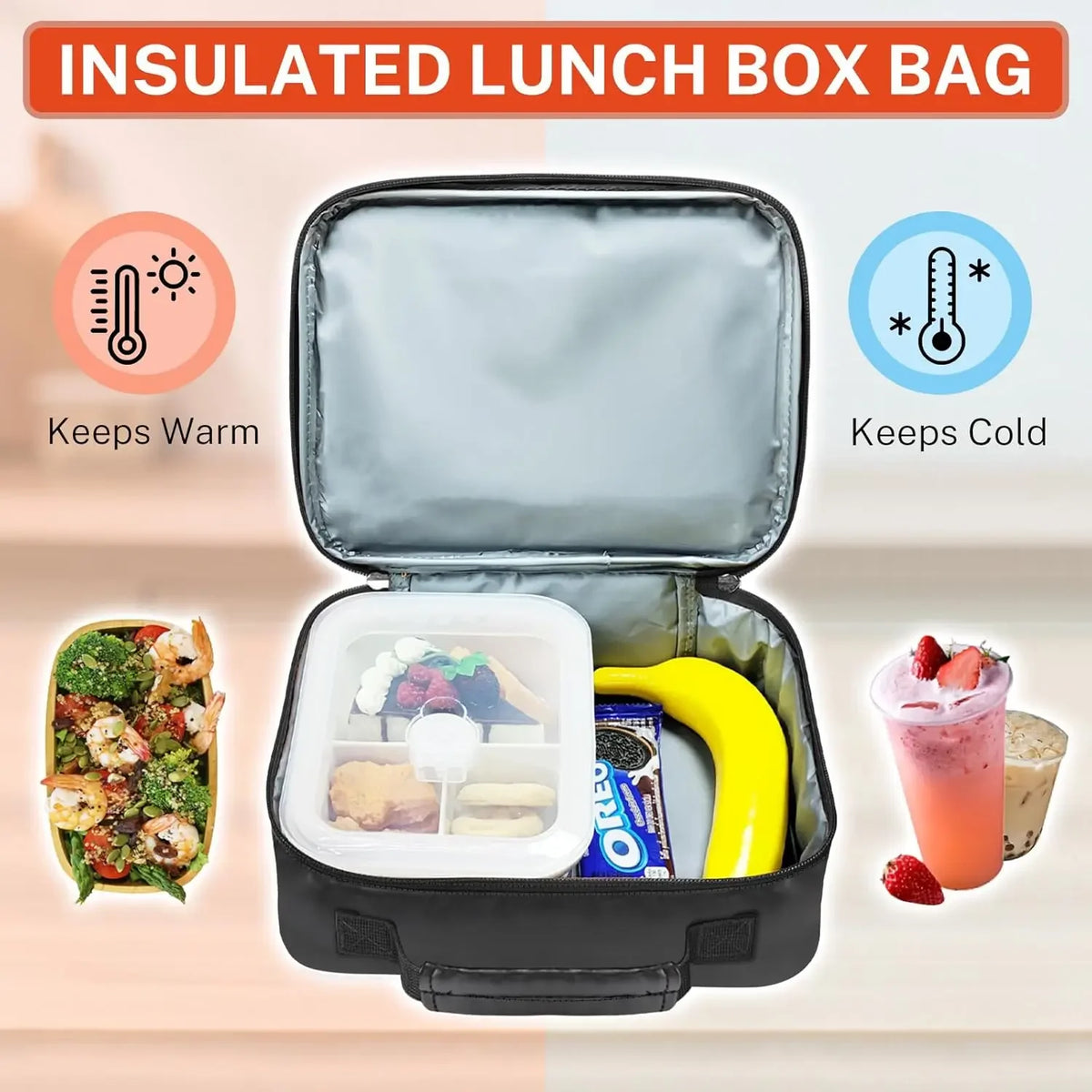 An insulated lunch box bag is shown open, demonstrating its ability to keep food warm or cold, next to various foods.