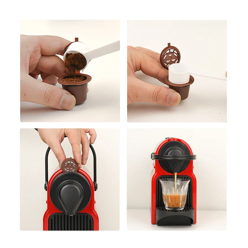 Hands demonstrate the use of reusable coffee filters for Nespresso capsules, showing the filter being placed into and removed